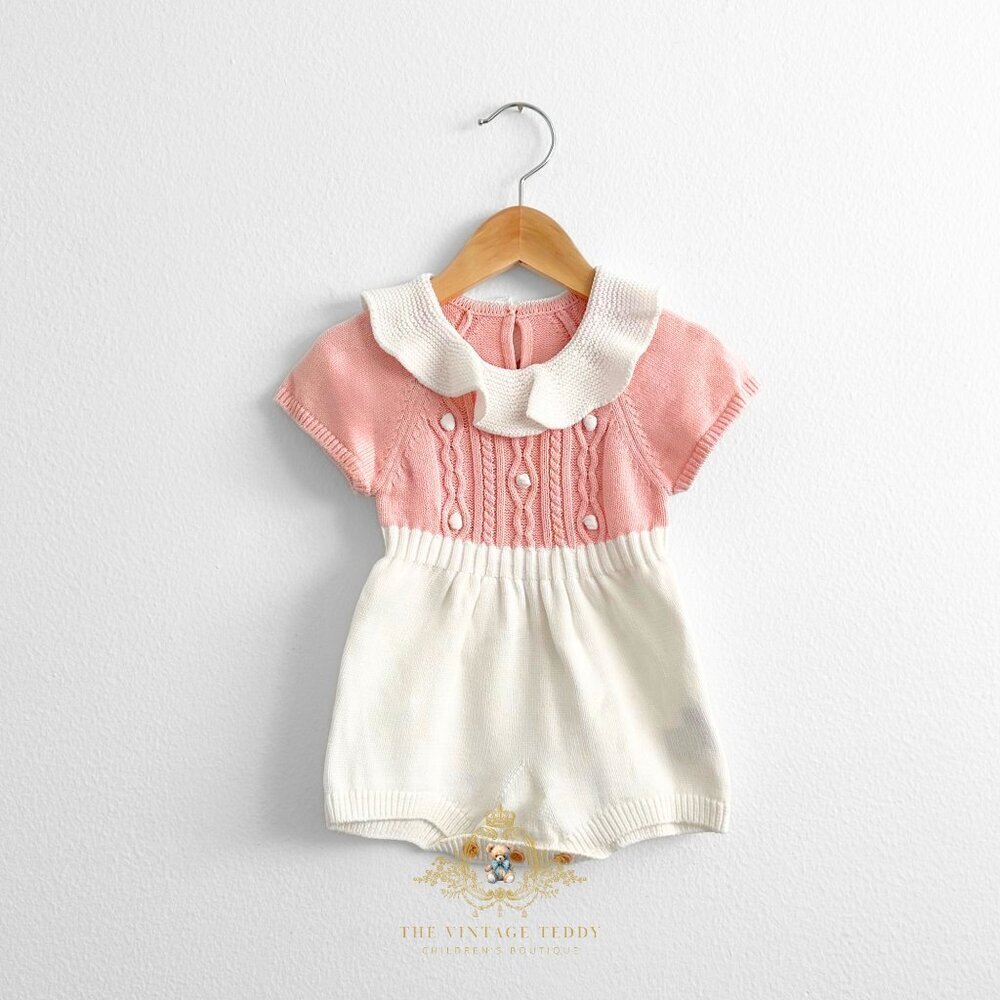 NWT Lovely Girls Knitted One-piece Bodysuits Romper Pink & White Pom Pom 6-9M - Picture 2 of 4